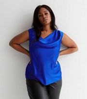 New Look Curves Bright Blue Satin Cowl Neck Sleeveless Top